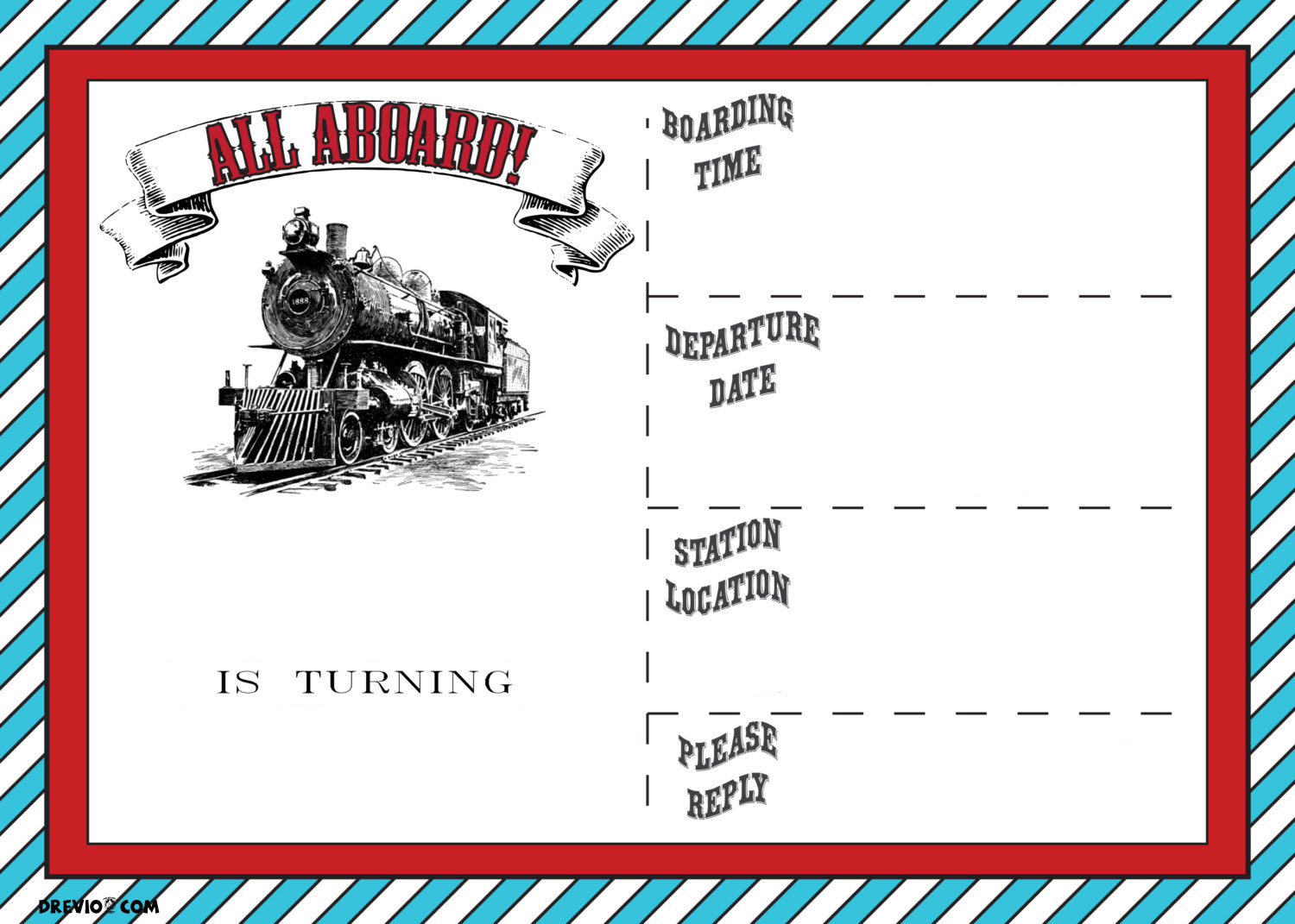 Red & Blue Boarding Pass Train Childrens Birthday Party Invitations