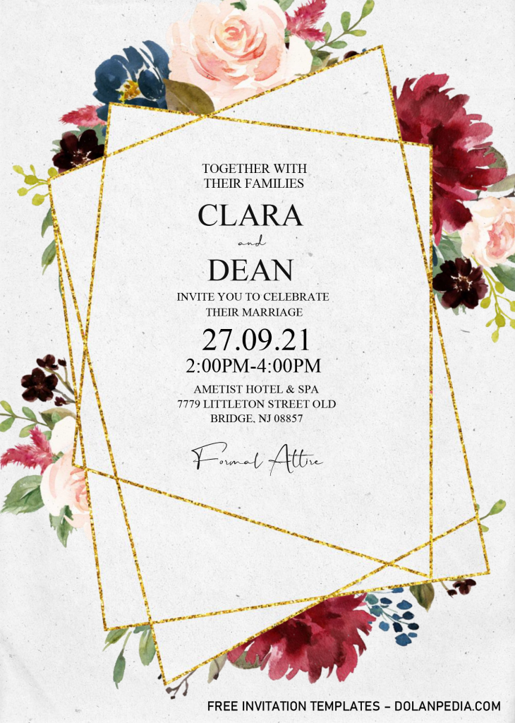 Floral And Gold Invitation Templates - Editable With MS Word and has burgundy roses