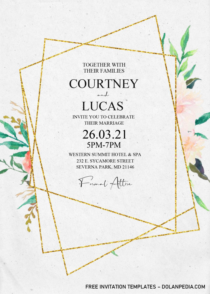 Floral And Gold Invitation Templates - Editable With MS Word and has gold geometric frame