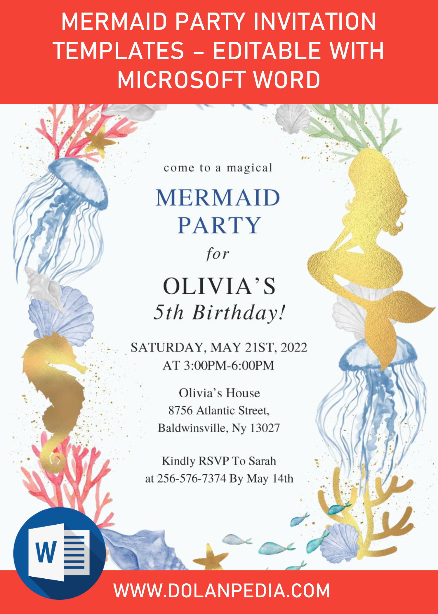 Watercolor Mermaid Fifth Birthday Invitation EDITABLE TEMPLATE