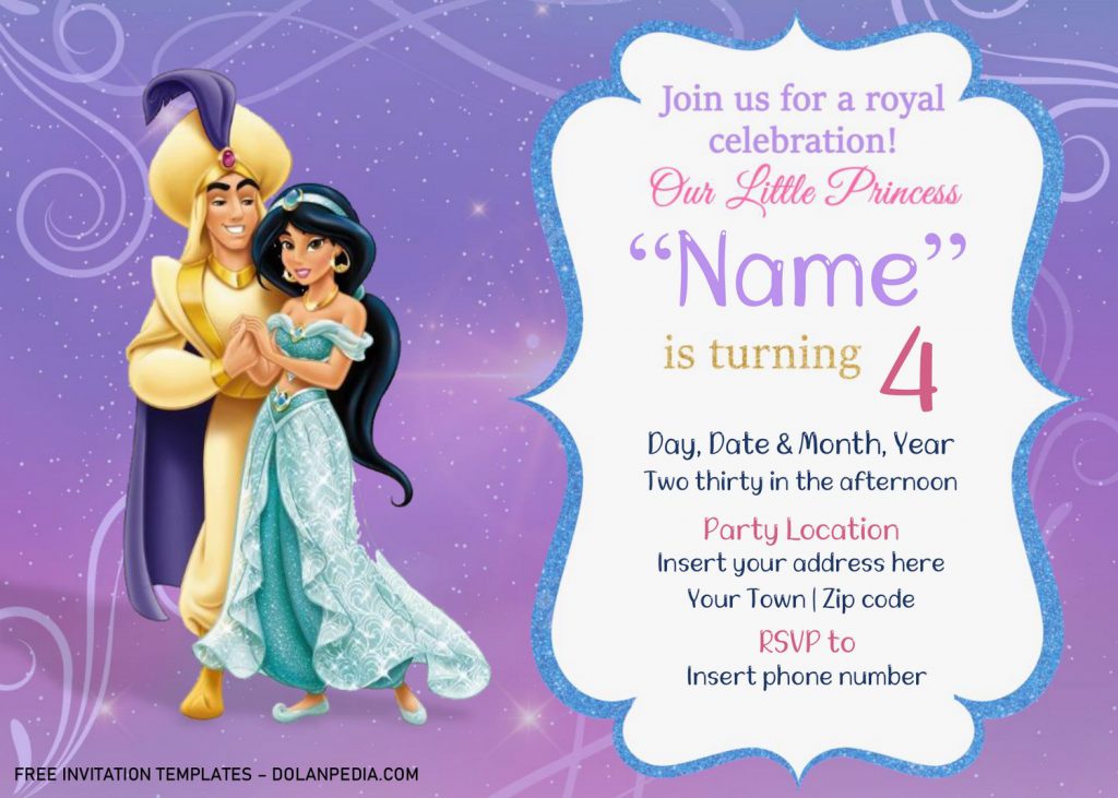 Free Aladdin Birthday Invitation Templates For Word and has Prince Aladdin and Princess Jasmine