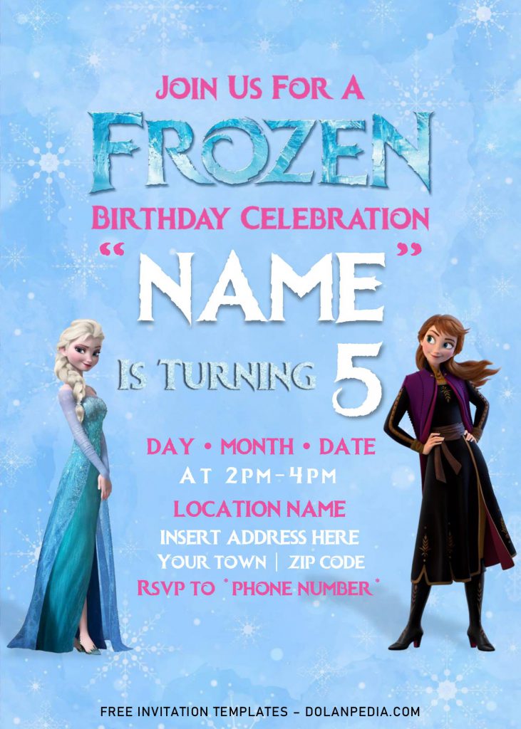 Free Frozen 2 Birthday Invitation Templates For Word and has Blue and Dazzling Snowflakes Background