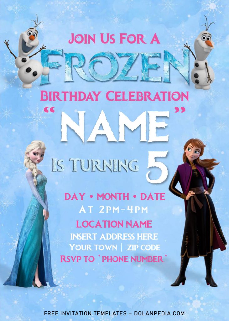 Free Frozen 2 Birthday Invitation Templates For Word and has Elsa in blue dress and Anna on stunning dress