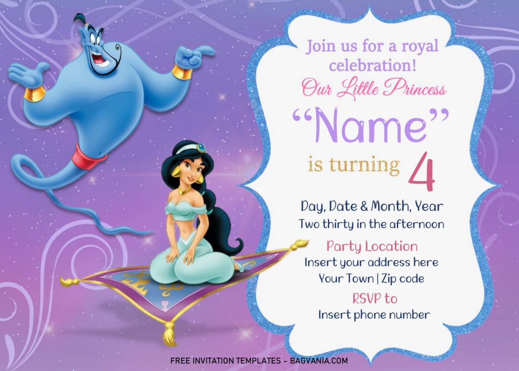 Free Aladdin Birthday Invitation Templates For Word and has Jasmine and Genie