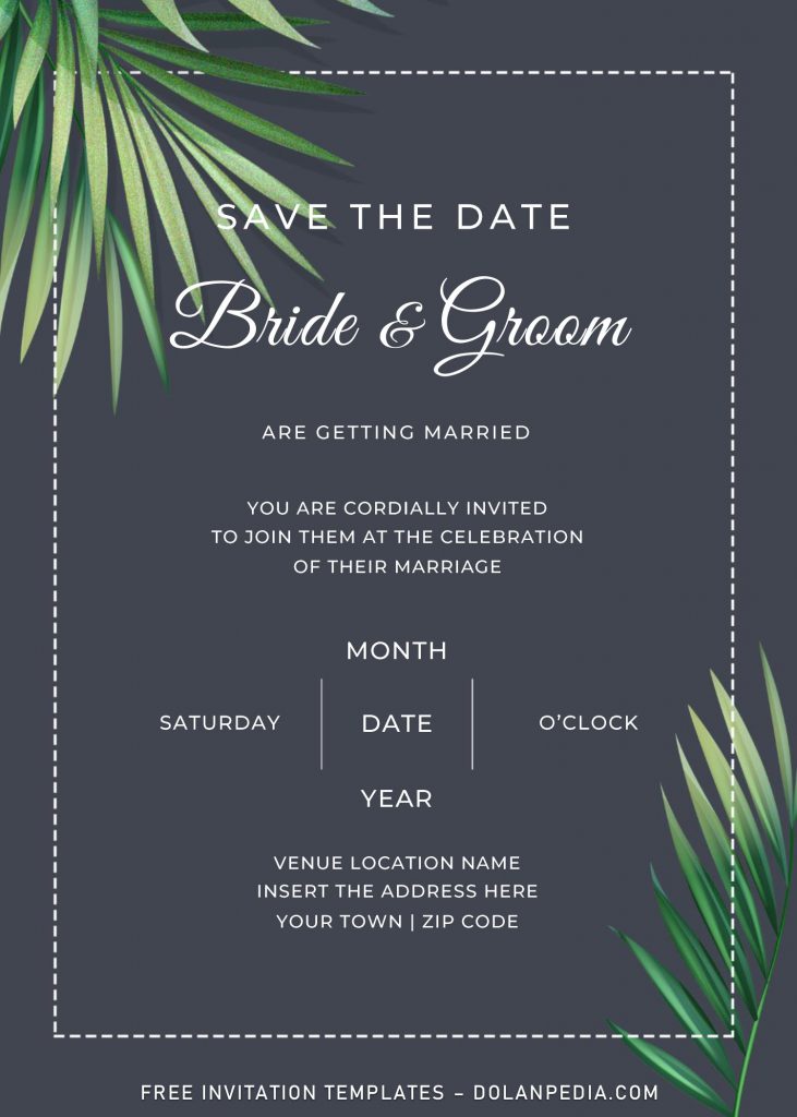 Free Greenery Wedding Invitation Templates For Word and has gorgeous green palm leaves