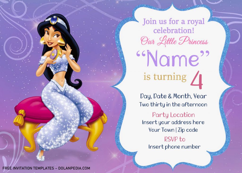 Free Aladdin Birthday Invitation Templates For Word and has Princess Jasmine sit on princess chair