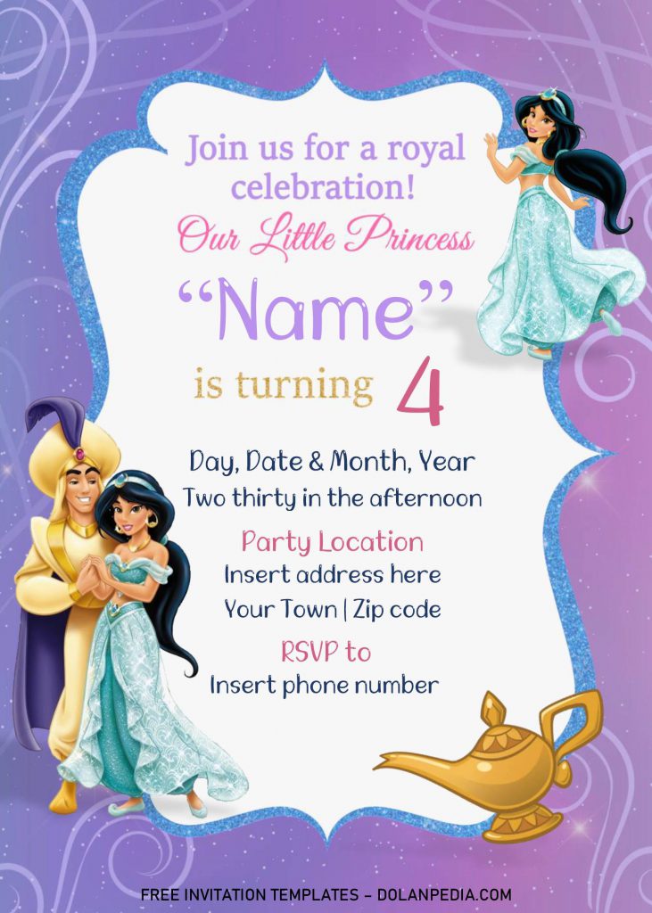 Free Aladdin Birthday Invitation Templates For Word and has portrait orientation and violet background