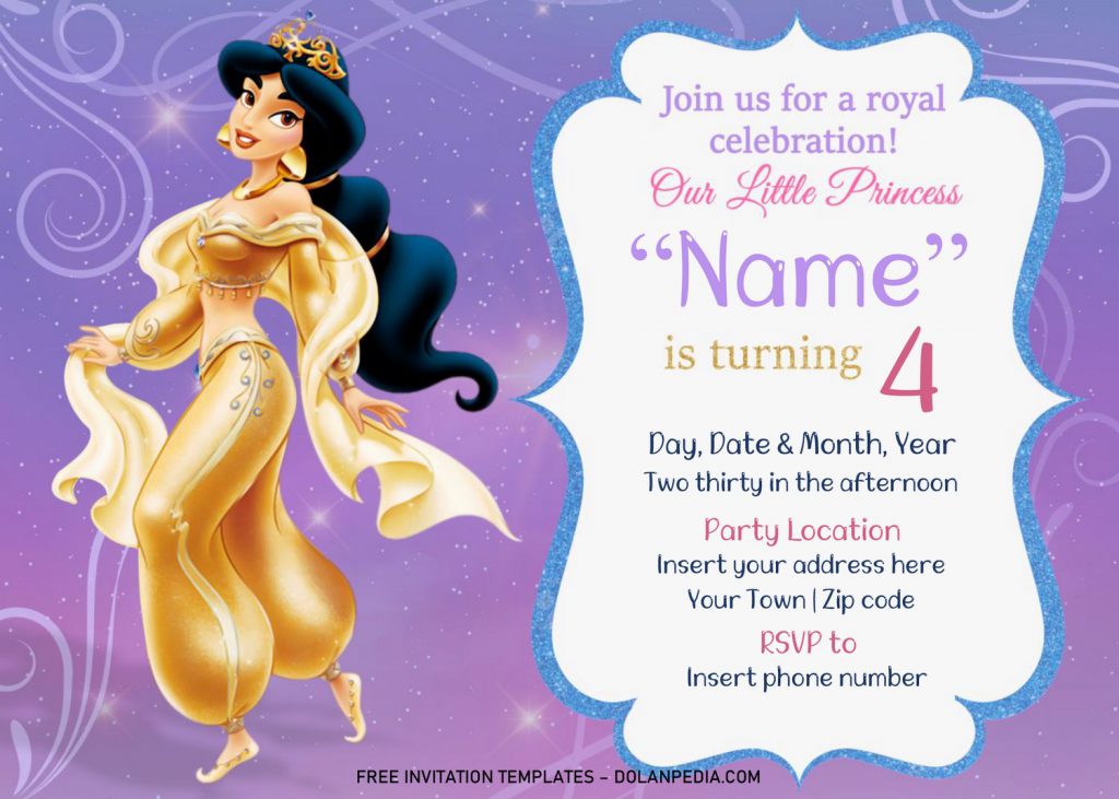 Free Aladdin Birthday Invitation Templates For Word and has Princess Jasmine wearing stunning Gold dress