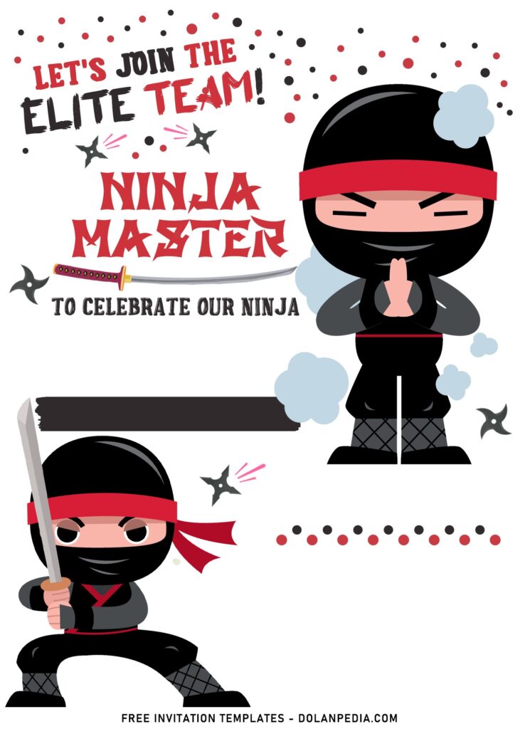 11+ Super Cool Ninja Themed Birthday Invitation Templates with Cute Ninjas in black suit and red band