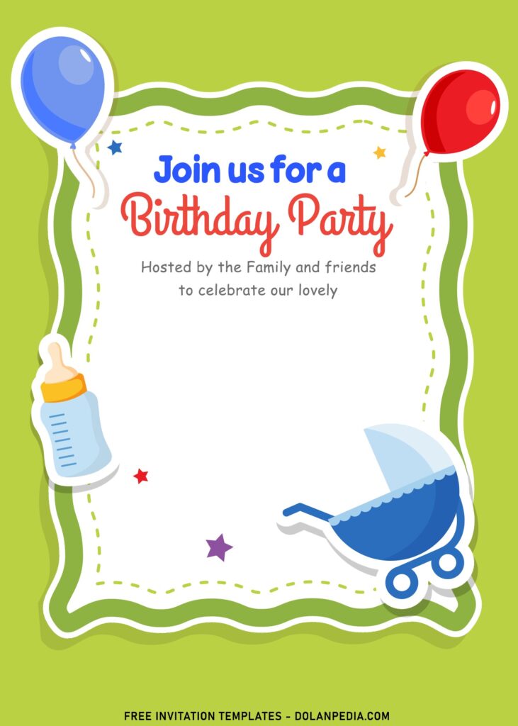 11+ Adorable Kids Toys Birthday Invitation Templates with adorable feeding bottle and balloons
