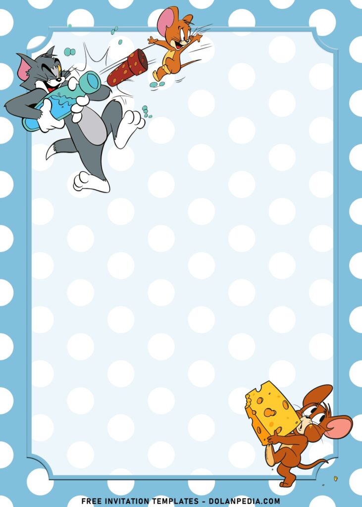 10+ Adorable Tom And Jerry Birthday Invitation Templates with Jerry is awkwardly walking with cheese on his hands