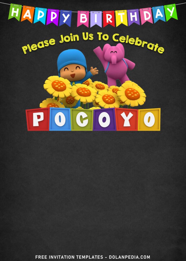 11+ Adorable Pocoyo The Circus Show Birthday Invitation Templates with Pocoyo and Elly on a garden full of sunflowers